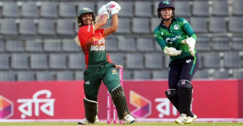 Sobhana Mostary hitting sixes in a T20I match against Ireland.