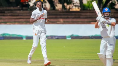 Zimbabwe bowlers celebrating after a crucial wicket against Afghanistan.