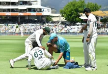 Saim Ayub twists his ankle while fielding during the second Test between Pakistan and South Africa at Newlands.