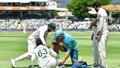 Saim Ayub twists his ankle while fielding during the second Test between Pakistan and South Africa at Newlands.