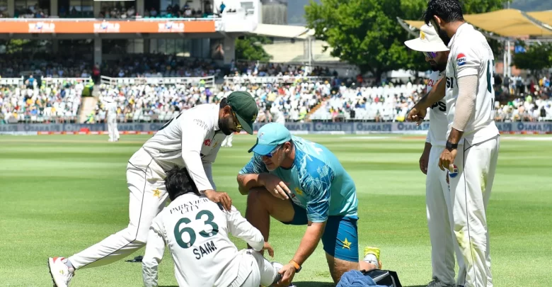 Saim Ayub twists his ankle while fielding during the second Test between Pakistan and South Africa at Newlands.