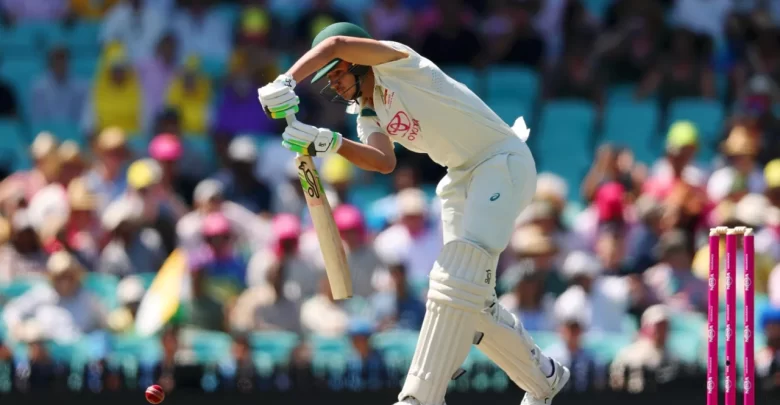 Sam Konstas in action during his Test debut, showcasing his aggressive batting style