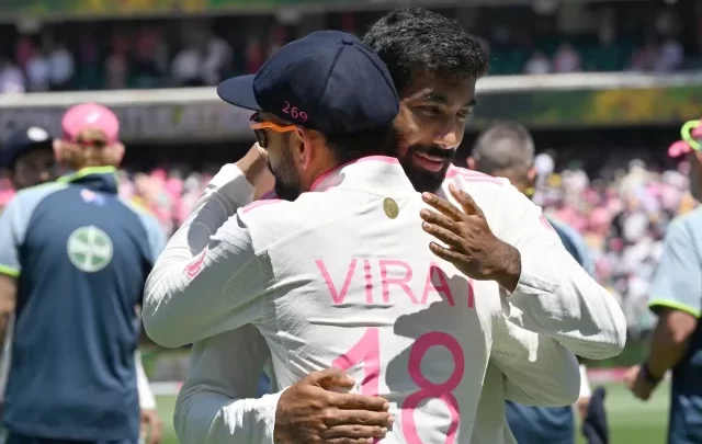 Jasprit Bumrah and Virat Kohli reflect together after India's loss in the Border Gavaskar Trophy final match.