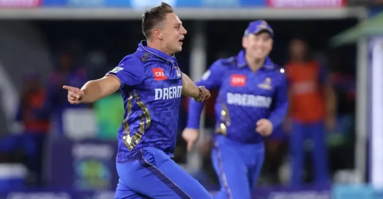 Delano Potgieter celebrates taking five wickets for MI Cape Town in SA20 2025 opener.