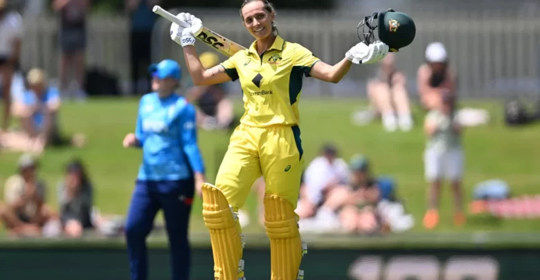 Ashleigh Gardner celebrates her maiden ODI century against England in Hobart.