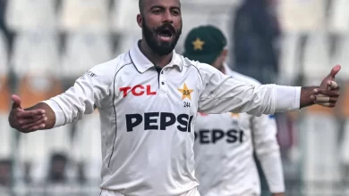 Sajid Khan celebrates after taking five wickets in Pakistan’s victory over West Indies in Multan