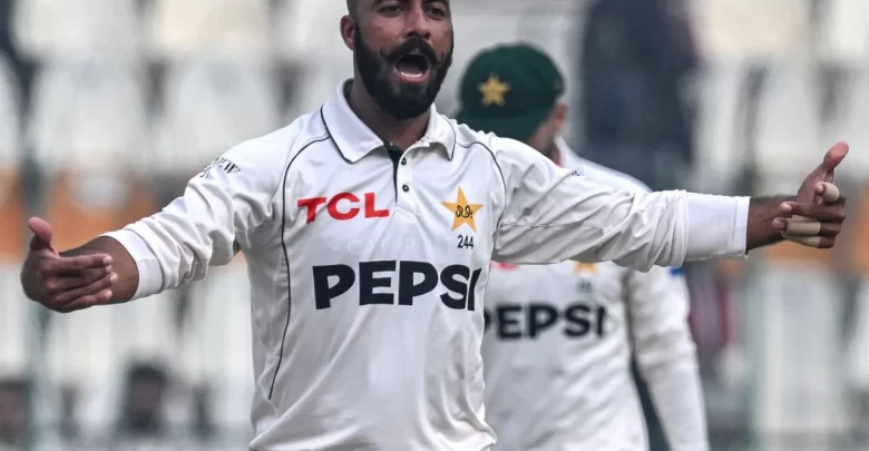 Sajid Khan celebrates after taking five wickets in Pakistan’s victory over West Indies in Multan