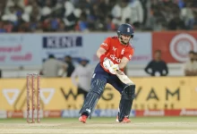 England's Ben Duckett celebrates his half-century in the third T20I against India in Rajkot