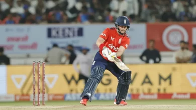 England's Ben Duckett celebrates his half-century in the third T20I against India in Rajkot