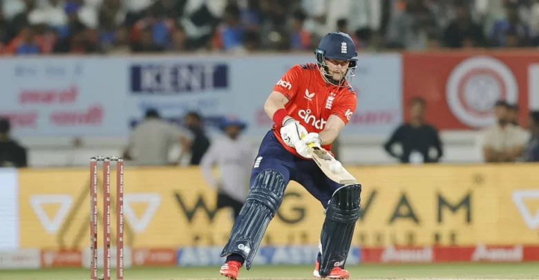 England's Ben Duckett celebrates his half-century in the third T20I against India in Rajkot