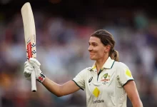 Annabel Sutherland celebrates her record-breaking Test century at the MCG during the day-night Ashes Test against England.