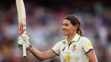 Annabel Sutherland celebrates her record-breaking Test century at the MCG during the day-night Ashes Test against England.