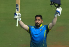 Abhijeet Tomar celebrates his century during Rajasthan’s clash against Tamil Nadu.