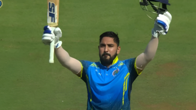 Abhijeet Tomar celebrates his century during Rajasthan’s clash against Tamil Nadu.