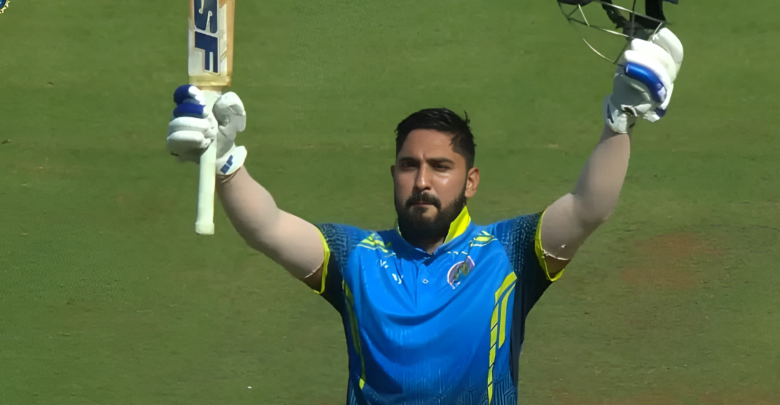 Abhijeet Tomar celebrates his century during Rajasthan’s clash against Tamil Nadu.