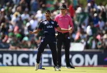 Nosthush Kenjige celebrates his five-wicket haul as USA secures a record-breaking ODI victory against Oman.