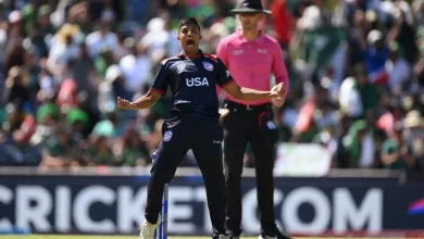 Nosthush Kenjige celebrates his five-wicket haul as USA secures a record-breaking ODI victory against Oman.