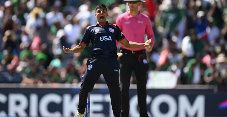 Nosthush Kenjige celebrates his five-wicket haul as USA secures a record-breaking ODI victory against Oman.