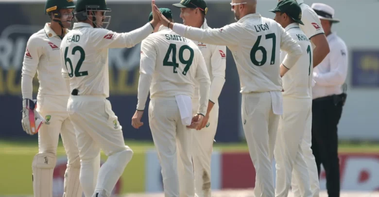 Nathan Lyon celebrates a wicket as Australia dominates Sri Lanka on Day 1 in Galle