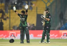 Mohammad Rizwan and Salman Agha celebrate their record-breaking partnership in Pakistan’s successful run chase against South Africa.