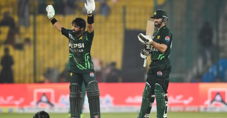 Mohammad Rizwan and Salman Agha celebrate their record-breaking partnership in Pakistan’s successful run chase against South Africa.