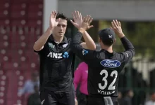 Will O’Rourke celebrates after taking four wickets as New Zealand dominates Pakistan in the Tri-Series final.