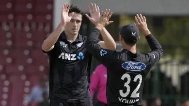 Will O’Rourke celebrates after taking four wickets as New Zealand dominates Pakistan in the Tri-Series final.