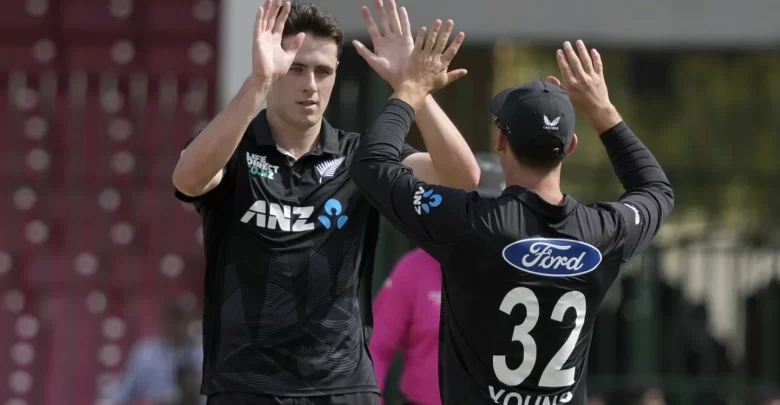 Will O’Rourke celebrates after taking four wickets as New Zealand dominates Pakistan in the Tri-Series final.