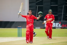 Brian Bennett celebrates after scoring a record-breaking 169 against Ireland in the 1st ODI.