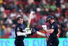 Tom Latham and Will Young celebrating their centuries during the ICC Champions Trophy opener against Pakistan.