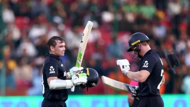 Tom Latham and Will Young celebrating their centuries during the ICC Champions Trophy opener against Pakistan.