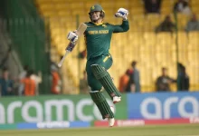 Ryan Rickelton celebrates his maiden Champions Trophy century against Afghanistan.