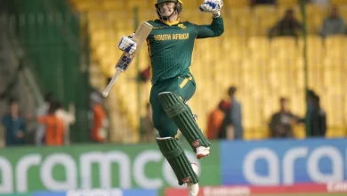 Ryan Rickelton celebrates his maiden Champions Trophy century against Afghanistan.