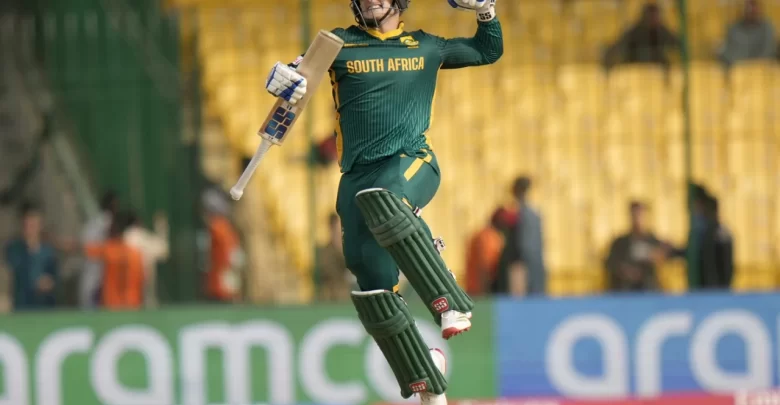 Ryan Rickelton celebrates his maiden Champions Trophy century against Afghanistan.