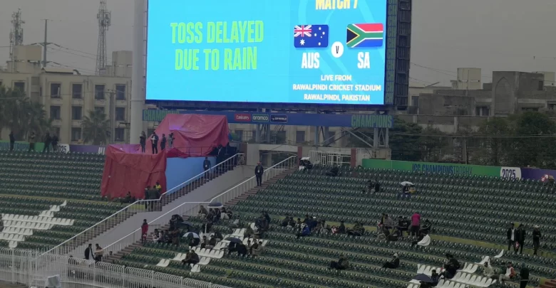 Australia vs South Africa match washed out due to heavy rain in Rawalpindi during the ICC Champions Trophy 2025.