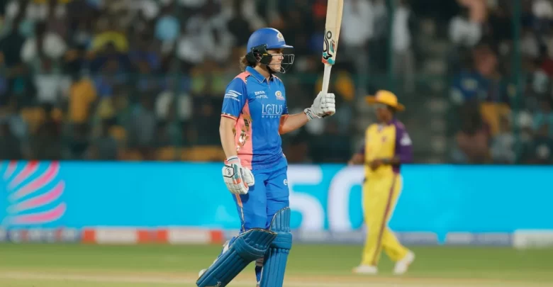 Nat Sciver-Brunt celebrates after leading Mumbai Indians to victory in WPL 2024