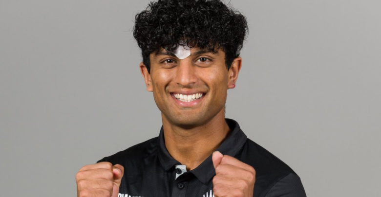 Rachin Ravindra seen with a taped forehead ahead of New Zealand’s Champions Trophy opener against Pakistan