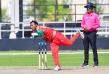 Shakeel Ahmed celebrates after taking a wicket against the USA in the ODI match