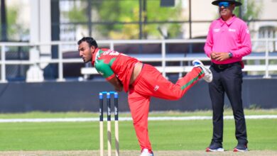 Shakeel Ahmed celebrates after taking a wicket against the USA in the ODI match