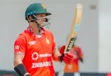 Ben Curran celebrates his century as Zimbabwe secures a convincing nine-wicket victory over Ireland.