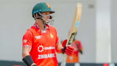 Ben Curran celebrates his century as Zimbabwe secures a convincing nine-wicket victory over Ireland.