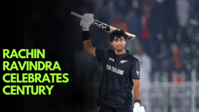 Rachin Ravindra celebrates his century as New Zealand qualifies for the Champions Trophy semifinals.