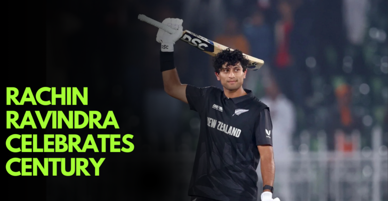 Rachin Ravindra celebrates his century as New Zealand qualifies for the Champions Trophy semifinals.