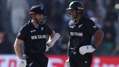 Rachin Ravindra and Kane Williamson celebrate their centuries in the ICC Champions Trophy 2025 semifinal.