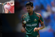 Mustafizur Rahman receiving a PRP injection to aid his shoulder recovery.