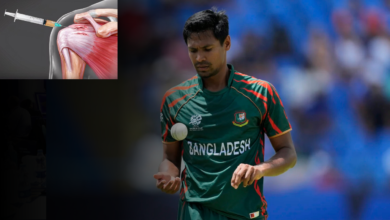 Mustafizur Rahman receiving a PRP injection to aid his shoulder recovery.