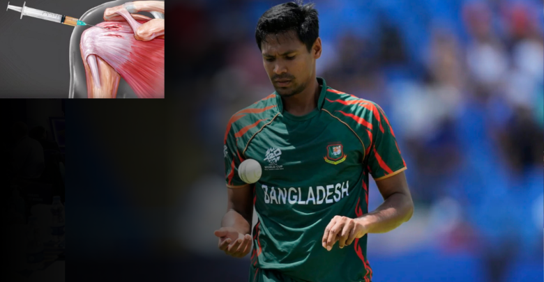 Mustafizur Rahman receiving a PRP injection to aid his shoulder recovery.