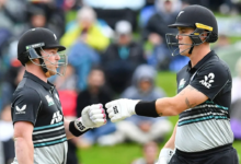 Finn Allen and Tim Seifert celebrate New Zealand's five-wicket victory against Pakistan in Dunedin T20I.