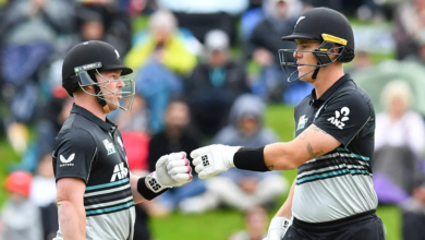 Finn Allen and Tim Seifert celebrate New Zealand's five-wicket victory against Pakistan in Dunedin T20I.