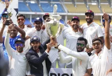 Vidarbha cricket team celebrating their Ranji Trophy 2024-25 title win in Nagpur